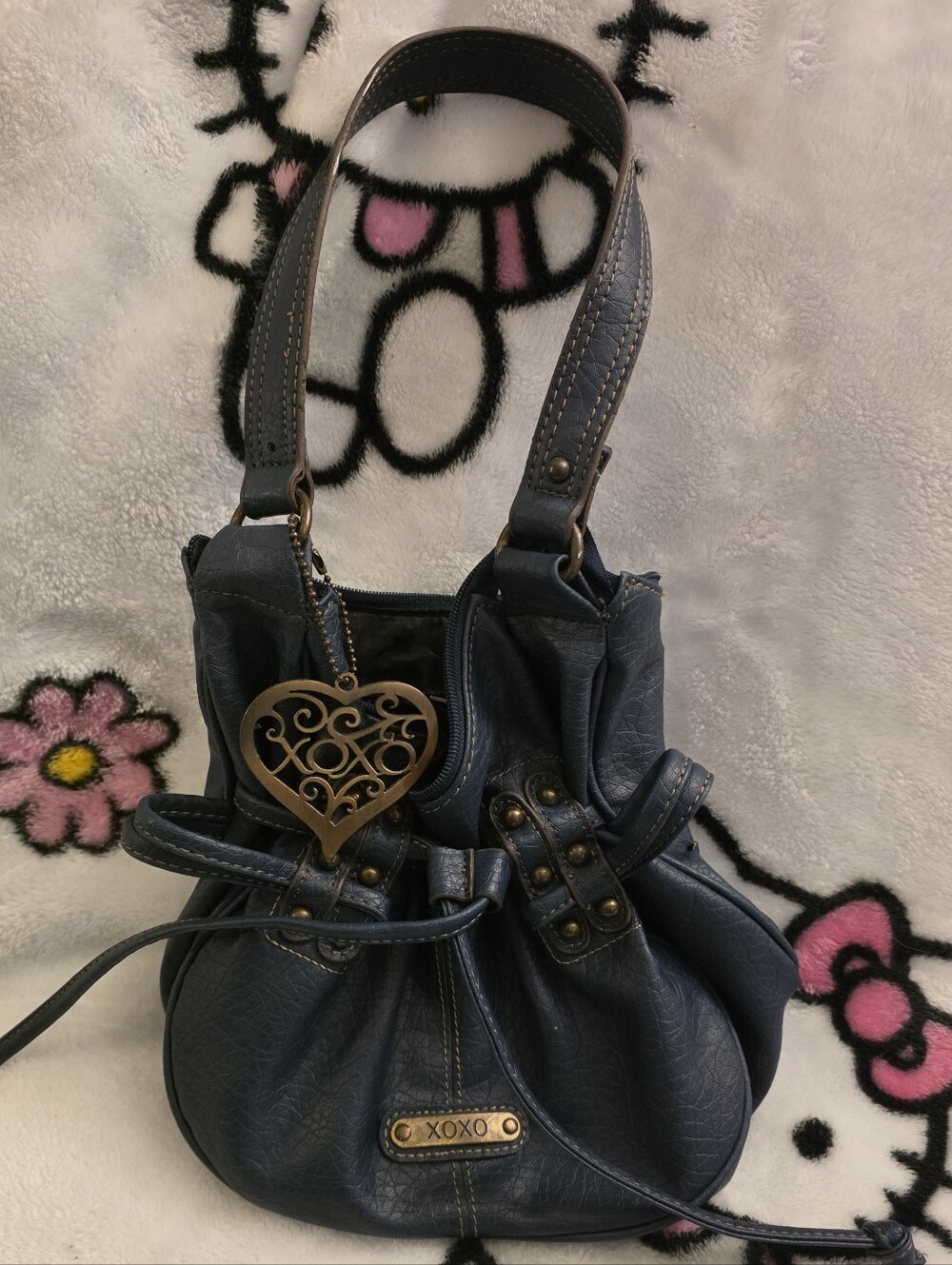 Vintage XOXO Blue Leather Shoulder Bag with Heart Charm